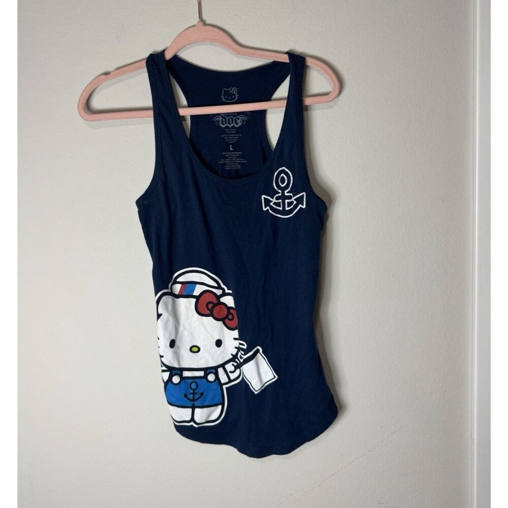 Doe Navy Cotton Polyester Knit Hello Kitty Sanrio Nautical Racerback Tank Top L